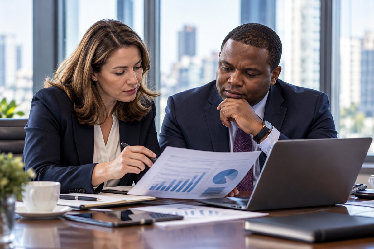 Professionals reviewing a report together in a modern office