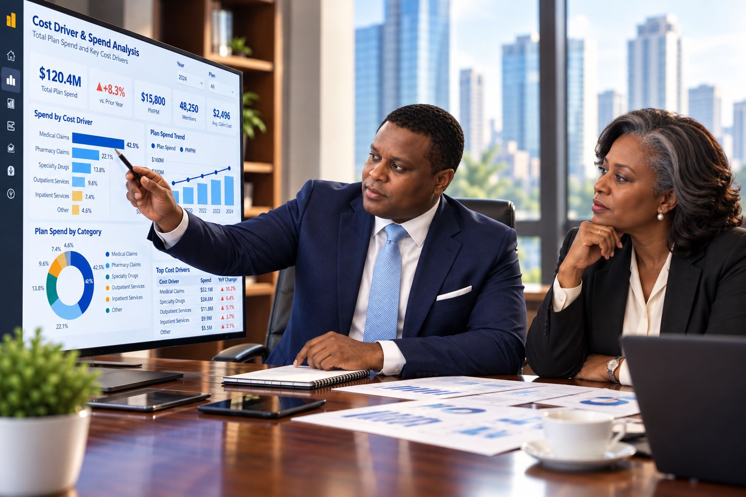 A diverse executive team discussing business analysis