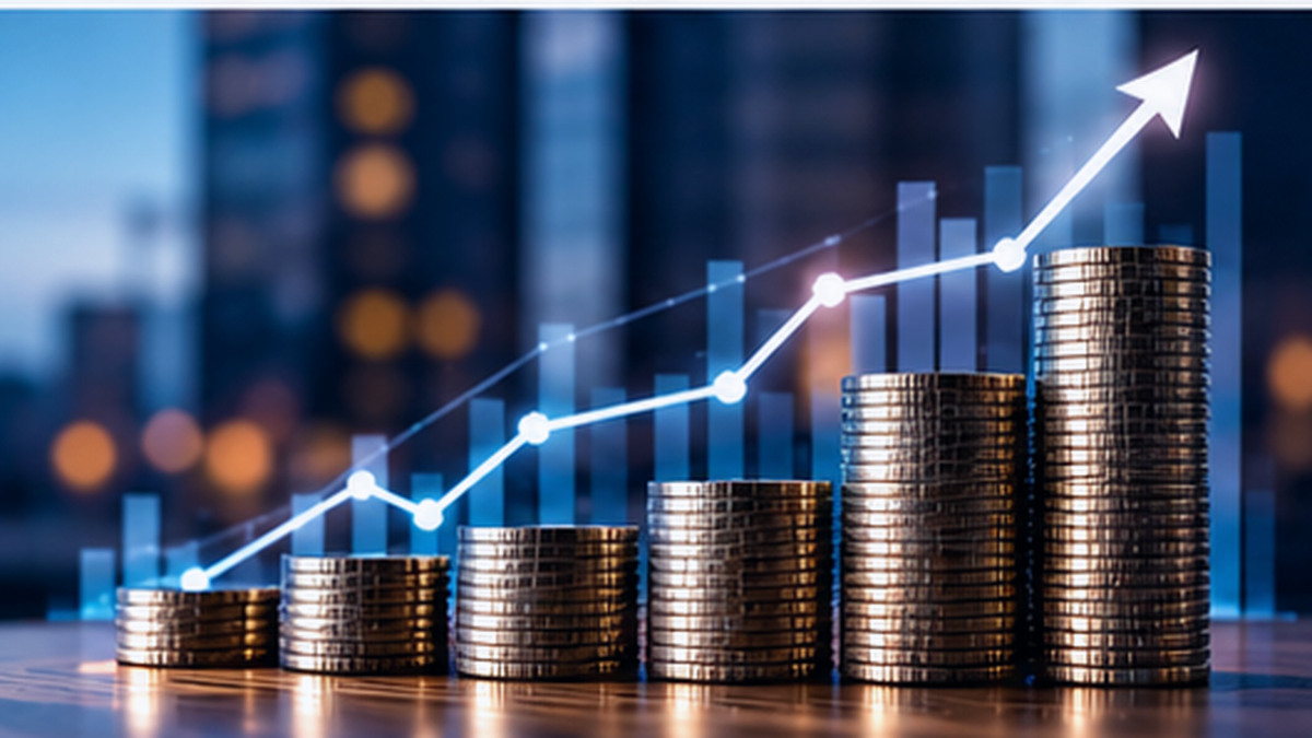 Financial growth chart and rising columns representing total rewards and compensation